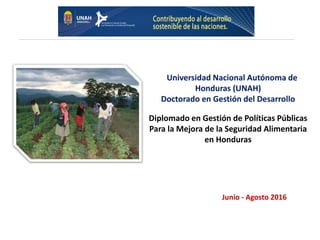 Junio - Agosto 2016
Universidad Nacional Autónoma de
Honduras (UNAH)
Doctorado en Gestión del Desarrollo
Diplomado en Gestión de Políticas Públicas
Para la Mejora de la Seguridad Alimentaria
en Honduras
 