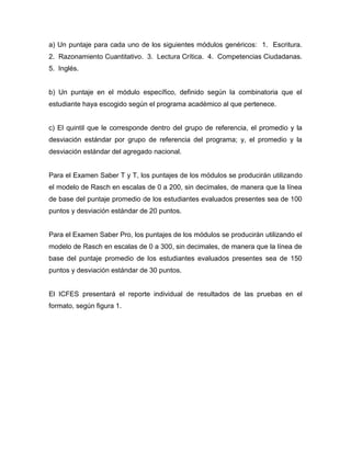 a) Un puntaje para cada uno de los siguientes módulos genéricos: 1. Escritura.
2. Razonamiento Cuantitativo. 3. Lectura Crítica. 4. Competencias Ciudadanas.
5. Inglés.
b) Un puntaje en el módulo específico, definido según la combinatoria que el
estudiante haya escogido según el programa académico al que pertenece.
c) El quintil que le corresponde dentro del grupo de referencia, el promedio y la
desviación estándar por grupo de referencia del programa; y, el promedio y la
desviación estándar del agregado nacional.
Para el Examen Saber T y T, los puntajes de los módulos se producirán utilizando
el modelo de Rasch en escalas de 0 a 200, sin decimales, de manera que la línea
de base del puntaje promedio de los estudiantes evaluados presentes sea de 100
puntos y desviación estándar de 20 puntos.
Para el Examen Saber Pro, los puntajes de los módulos se producirán utilizando el
modelo de Rasch en escalas de 0 a 300, sin decimales, de manera que la línea de
base del puntaje promedio de los estudiantes evaluados presentes sea de 150
puntos y desviación estándar de 30 puntos.
El ICFES presentará el reporte individual de resultados de las pruebas en el
formato, según figura 1.
 