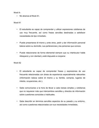 Nivel A-
• No alcanza el Nivel A1.
Nivel A1
• El estudiante es capaz de comprender y utilizar expresiones cotidianas de
uso muy frecuente, así como frases sencillas destinadas a satisfacer
necesidades de tipo inmediato.
• Puede presentarse él mismo y ante otros, pedir y dar información personal
básica sobre su domicilio, sus pertenencias y las personas que conoce.
• Puede relacionarse de forma elemental siempre que su interlocutor hable
4despacio y con claridad y esté dispuesto a cooperar.
Nivel A2
• El estudiante es capaz de comprender frases y expresiones de uso
frecuente relacionadas con áreas de experiencia especialmente relevantes
(información básica sobre él mismo y su familia, compras, lugares de
interés, ocupaciones, etc.).
• Sabe comunicarse a la hora de llevar a cabo tareas simples y cotidianas
que no requieran más que intercambios sencillos y directos de información
sobre cuestiones conocidas o habituales.
• Sabe describir en términos sencillos aspectos de su pasado y su entorno,
así como cuestiones relacionadas con sus necesidades inmediatas.
 