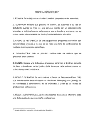 ANEXO A. DEFINICIONES52
1. EXAMEN: Es el conjunto de módulos o pruebas que presentan los evaluados.
2. EVALUADO: Persona que presenta el examen. Se subdivide a su vez en
Estudiante cuando se trata de una persona inscrita por un establecimiento
educativo, e Individual cuando es la persona que se inscribe a un examen por su
propia cuenta, sin representación de ningún establecimiento educativo.
3. GRUPO DE REFERENCIA: Es una agrupación de programas académicos con
características similares, a los que se les hace una oferta de combinaciones de
módulos de competencias específicas.
4. COMBINATORIA: Son las posibles combinaciones de módulos que se
presentan en un Examen.
5. QUINTIL: Es cada uno de los cinco grupos que se forman al dividir un conjunto
de datos ordenados en partes iguales, de tal forma que cada parte representa un
quinto de la población evaluada.
6. MODELO DE RASCH: Es un modelo de la Teoría de Respuesta al Ítem (TRI)
que permite realizar estimaciones de las dificultades de las preguntas (ítems) y de
las habilidades o competencias de los evaluados, a partir de las cuales se
producen sus calificaciones.
7. RESULTADOS INDIVIDUALES: Son los reportes destinados a informar a cada
uno de los evaluados su desempeño en el examen.
52
Tomado del ICFES. Resolución 892 de noviembre 12 de 2015.
 