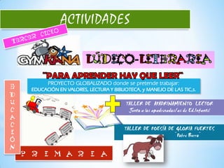 ACTIVIDADES



      PROYECTO GLOBALIZADO donde se pretende trabajar:
EDUCACIÓN EN VALORES, LECTURA Y BIBLIOTECA, y MANEJO DE LAS TIC,s.

                                     TALLER DE APADRINAMIENTO LECTOR
                                      Junto a los apadrinados/as de Ed.Infantil


                                     TALLER DE POESÍA DE GLORIA FUERTES
                                                        ¨Pobre Burro¨
 