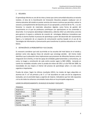 Coordinación de Innovación Educativa
                                                      Proyecto: aprendizaje colaborativo y efectivo 2012.
________________________________________________________________________________________________

 2. RESUMEN.

 El aprendizaje efectivo es uno de los retos y tareas que como comunidad educativa se necesita
 resolver, el área de la Coordinación de Innovación Educativa propone coadyuvar con el
 sistema educativo del estado en prestar servicios de manera continua que permitan realizar la
 asesoría y acompañamiento del docente para el uso apropiado y universal de las TIC, a su vez
 fomentar la creación de materiales educativos digitales como forma de gestión del
 conocimiento en el que los profesores contribuyan con aportaciones en los contenidos a
 desarrollar. Es el proyecto Aprendizaje Colaborativo y Efectivo 2012 una alternativa concreta
 para generar el espacio y ambiente de creación de estrategias didácticas innovadoras que
 permita al alumno facilitar el proceso de aprendizaje a partir del desarrollo del razonamiento
 lógico y, la realización de un esquema de comunicación asertiva basado en el uso de las
 Tecnologías de Información y Comunicación para transformar la práctica educativa en el nivel
 básico.

 3. DEFINICIÓN DE LA PROBLEMÁTICA Y SUS CAUSAS.

 Es necesario considerar qué está ocurriendo en las escuelas del nivel básico en el estado y
 plantear como reto algunas líneas de solución que convenga atender, del mismo modo
 identificar que la educación tiene implicaciones que provienen de diferentes factores como la
 integración de la familia, el nivel de apoyo de entidades gubernamentales y comunitarias, así
 como, la imagen y constitución de cada centro escolar según la INEE (2005); tomando en
 cuenta los resultados actuales como la prueba de enlace del 2011 y la de PISA del 2009, las
 necesidades de una mejora al interior del proceso de aprendizaje saltan a la vista como
 urgentes e importantes.

 Prueba de enlace. Según los últimos resultados (2011), los niveles de logro adquiridos en
 alumnos de 3° a 6° de primaria y de 1° a 3° de secundaria en cada una de las asignaturas
 evaluadas, son en promedio bajos y urgentes de mejorar, indicadores que han sido expuestos
 a la luz de todos los esfuerzos concretados hasta ahora en las principales asignaturas.

 LOGRO EN APROVECHAMIENTO. EN NIVELES DE BUENO Y EXCELENTE.

 PRIMARIA:
 Asignatura                 Resultado                 Promedio nacional          Diferencia
 Matemáticas                36.9                      37.0                       +0.1
 Español                    42.3                      40.0                       +2.3
 Ciencias. Geografía        33.9                      -
SECUNDARIA:
 Matemáticas                13.3                      15.8                       -2.5
 Español                    16.7                      17.1                       -0.4
 Ciencias. Geografía        33.3




                                                                                                       4
 