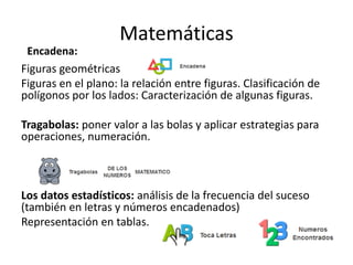 Matemáticas 
Figuras geométricas 
Figuras en el plano: la relación entre figuras. Clasificación de 
polígonos por los lados: Caracterización de algunas figuras. 
Tragabolas: poner valor a las bolas y aplicar estrategias para 
operaciones, numeración. 
Los datos estadísticos: análisis de la frecuencia del suceso 
(también en letras y números encadenados) 
Representación en tablas. 
Encadena: 
 