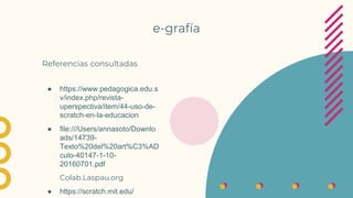 Referencias consultadas
● https://www.pedagogica.edu.s
v/index.php/revista-
uperspectiva/item/44-uso-de-
scratch-en-la-educacion
● file:///Users/annasoto/Downlo
ads/14739-
Texto%20del%20art%C3%AD
culo-40147-1-10-
20160701.pdf
Colab.Laspau.org
● https://scratch.mit.edu/
e-grafía
 