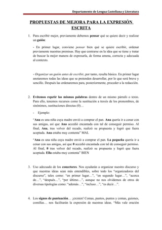 Departamento de Lengua Castellana y Literatura


 PROPUESTAS DE MEJORA PARA LA EXPRESIÓN
                ESCRITA
1. Para escribir mejor, previamente debemos pensar qué se quiere decir y realizar
   un guión:

   - En primer lugar, conviene pensar bien qué se quiere escribir, ordenar
   previamente nuestras premisas. Hay que centrarse en la idea que se tiene y tratar
   de buscar la mejor manera de expresarla, de forma amena, correcta y adecuada
   al contexto.



   - Organizar un guión antes de escribir, por tanto, resulta básico. En primer lugar
   anotaremos todas las ideas que se pretenden desarrollar, por lo que será breve y
   sencillo. Después las ordenaremos para, posteriormente, proceder a la redacción.



2. Evitemos repetir las mismas palabras dentro de un mismo párrafo o texto.
   Para ello, tenemos recursos como la sustitución a través de los pronombres, de
   sinónimos, sustituciones directas (0)…

   -   Ejemplo:

   “Ana es una niña cuya madre envió a comprar el pan. Ana quería ir a cenar con
   sus amigas, así que Ana accedió encantada con tal de conseguir permiso. Al
   final, Ana, tras volver del recado, realizó su propuesta y logró que fuera
   aceptada. Ana estaba muy contenta” MAL

   “Ana es una niña cuya madre envió a comprar el pan. La pequeña quería ir a
   cenar con sus amigas, así que 0 accedió encantada con tal de conseguir permiso.
   Al final, 0 tras volver del recado, realizó su propuesta y logró que fuera
   aceptada. Ella estaba muy contenta” BIEN



3. Uso adecuado de los conectores. Nos ayudarán a organizar nuestro discurso y
   que nuestras ideas sean más entendibles, sobre todo los “organizadores del
   discurso”, tales como: “en primer lugar…”, “en segundo lugar…”, “acerca
   de…”, “después…”, “por último…”, aunque no nos olvidemos de otros de
   diversas tipologías como: “además…”, “incluso…”, “es decir…”.



4. Los signos de puntuación… ¡existen! Comas, puntos, puntos y comas, guiones,
   comillas… nos facilitarán la expresión de nuestras ideas. “Más vale oración
 