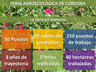 La Feria en números
FERIA AGROECOLÓGICA DE CÓRDOBA
50 Puestos
20 rubros de
productos
150 puestos
de trabajo
3 años de
trayectoria
5 ferias
replicadas
40 hectáreas
trabajadas
 