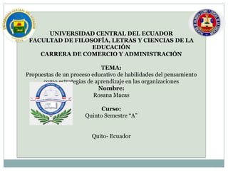 UNIVERSIDAD CENTRAL DEL ECUADOR
FACULTAD DE FILOSOFÍA, LETRAS Y CIENCIAS DE LA
EDUCACIÓN
CARRERA DE COMERCIO Y ADMINISTRACIÓN
TEMA:
Propuestas de un proceso educativo de habilidades del pensamiento
como estrategias de aprendizaje en las organizaciones
Nombre:
Rosana Macas
Curso:
Quinto Semestre “A”
Quito- Ecuador

 
