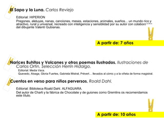 El Sapo y la Luna. Carlos Reviejo
Editorial: HIPERION
Pregones, aleluyas, nanas, canciones, meses, estaciones, animales, sueños... un mundo rico y
atractivo, rural y universal, recreado con inteligencia y sensiblidad por su autor con colaboración
del dibujante Valentí Gubianas.
Narices Buhitos y Volcanes y otros poemas ilustrados. Ilustraciones de
Carlos Ortin. Selección Herrín Hidalgo.
Editorial: Media Vaca.
Quevedo, Atxaga, Gloria Fuertes, Gabriela Mistral, Prèvert… llevados al cómic y a la viñeta de forma magistral.
Cuentos en verso para niños perversos. Roald Dahl.
Editorial: Biblioteca Roald Dahl. ALFAGUARA.
Del autor de Charli y la fábrica de Chocolate y de guiones como Gremlins os recomendamos
este título.
A partir de: 10 años
A partir de: 7 años
 