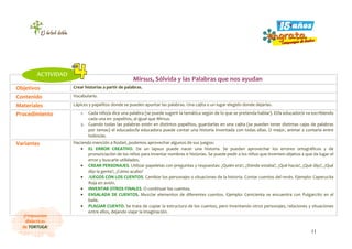 11
¡Propuestas
didácticas
de TORTUGA!
Mirsus, Sólvida y las Palabras que nos ayudan
Objetivos Crear historias a partir de palabras.
Contenido Vocabulario.
Materiales Lápices y papelitos donde se pueden apuntar las palabras. Una cajita o un lugar elegido donde dejarlas.
Procedimiento 1. Cada niño/a dice una palabra (se puede sugerir la temática según de lo que se pretenda hablar). El/la educador/a va escribiendo
cada una en papelitos, al igual que Mirsus.
2. Cuando todas las palabras estén en distintos papelitos, guardarlas en una cajita (se pueden tener distintas cajas de palabras
por temas) el educador/la educadora puede contar una historia inventada con todas ellas. O mejor, animar a contarla entre
todos/as.
Variantes Haciendo mención a Rodari, podemos aprovechar algunos de sus juegos:
• EL ERROR CREATIVO. De un lapsus puede nacer una historia. Se pueden aprovechar los errores ortográficos y de
pronunciación de los niños para inventar nombres e historias. Se puede pedir a los niños que inventen objetos a que da lugar el
error y buscarle utilidades.
• CREAR PERSONAJES. Utilizar papeletas con preguntas y respuestas: ¿Quién era?, ¿Dónde estaba?, ¿Qué hacia?, ¿Qué dijo?, ¿Qué
dijo la gente?, ¿Cómo acabo?
• JUEGOS CON LOS CUENTOS. Cambiar los personajes o situaciones de la historia. Contar cuentos del revés. Ejemplo: Caperucita
Roja en avión.
• INVENTAR OTROS FINALES. O continuar los cuentos.
• ENSALADA DE CUENTOS. Mezclar elementos de diferentes cuentos. Ejemplo: Cenicienta se encuentra con Pulgarcito en el
baile.
• PLAGIAR CUENTO. Se trata de copiar la estructura de los cuentos, pero inventando otros personajes, relaciones y situaciones
entre ellos, dejando viajar la imaginación.
ACTIVIDAD
 