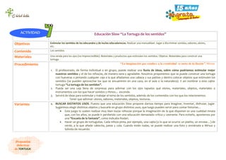 Educación Slow “La Tortuga de los sentidos”
Objetivos Estimular los sentidos de los educandos y de los/las educadores/as. Realizar una manualidad. Jugar a discriminar sonidos, sabores, olores,
etc.
Contenido Los sentidos
Materiales Una venda para los ojos (no imprescindible). Materiales y productos que estimulen los sentidos. Objetos. Materiales para construir una
tortuga
Procedimiento “La imaginación que conduce a la creatividad se nutre de la ilusión”. Mirsus
1. El profesorado, de forma individual o en grupo, puede realizar una lluvia de ideas, sobre cómo podríamos estimular mejor
nuestros sentidos y el de los niños/as, de manera sana y agradable. Nosotros proponemos que se puede construir una tortuga
con hueveras o pintando cualquier caja a la que añadamos una cabeza y sus patitas y dentro colocar objetos que estimulen los
sentidos (se pueden aprovechar los que se encuentren en una casa, en el aula o la naturaleza). Y así nombrar a esta cajita-
tortuga “La tortuga de los sentidos”.
2. Puede ser una caja llena de sorpresas para adivinar con los ojos tapados qué olores, materiales, objetos, materiales o
instrumentos con los que hacer sonidos y ritmos… esconde.
3. Servirá de ideas para estimular y trabajar el tema de los sentidos, además de los contenidos con los que los relacionemos:
- Tener que adivinar: olores, sabores, materiales, objetos, texturas.
Variantes 4. BUSCAR DISTINTOS USOS. Puesto que una educación Slow propone darnos tiempo para imaginar, inventar, disfrutar, jugar.
Sugerimos elegir distintos objetos y buscarle en grupo distintos usos, que luego pueden servir para contar historias…
• Este juego lo suelen realizar muy bien los/as niños/as porque la imaginación de la que disponen es una cualidad innata
que, con los años, se puede ir perdiendo con una educación demasiado crítica y castrante. Para evitarlo, apostemos por
una “Escuela de la fantasía”, como indicaba Rodari.
• Hacer un grupo de tortuguitas. Cada niño/a pinta, por ejemplo, una cajita (o lo que se ocurra: un platito, un envase…) de
verde, a la que añade cabecita, patas y cola. Cuando están todas, se puede realizar una foto y enviársela a Mirsus y
Sólvida de recuerdo.
ACTIVIDAD
¡Propuestas
didácticas
de TORTUGA!
 