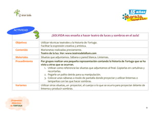 9
¡Propuestas
didácticas
de TORTUGA!
¡SOLVIDA nos enseña a hacer teatro de luces y sombras en el aula!
Objetivos Utilizar técnicas teatrales y la historia de Tortuga.
Facilitar la expresión creativa y artística.
Contenido Marionetas realizadas previamente.
Teatro de la luz. Ver: www.teatresdelallum.com
Materiales Siluetas que adjuntamos. Sábana o pared blanca. Linternas.
Procedimiento Por grupos realizar una pequeña representación contando la historia de Tortuga que se ha
visto u otras que se ocurran.
1. Utilizar como referencia las siluetas que adjuntamos al final. Copiarlas en cartulinas y
recortarlas.
2. Pegarle un palito detrás para su manipulación.
3. Colocar unas sábanas a modo de pantalla donde proyectar y utilizar linternas o
lamparitas con las que hacer sombras.
Variantes Utilizar otras siluetas, un proyector, el cuerpo o lo que se ocurra para proyectar delante de
linterna y producir sombras.
ACTIVIDAD
 