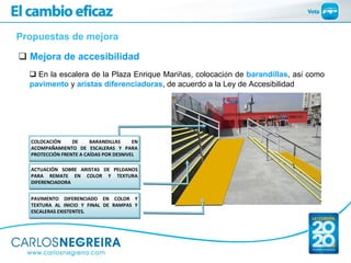 Propuestas de mejora

  Mejora de accesibilidad
    En la escalera de la Plaza Enrique Mariñas, colocación de barandillas,...