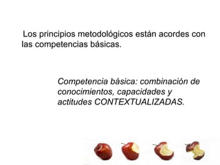 Los principios metodológicos están acordes con las competencias básicas. Competencia básica: combinación de  conocimientos, capacidades y  actitudes CONTEXTUALIZADAS. 