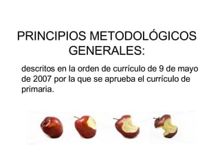 PRINCIPIOS METODOLÓGICOS GENERALES: descritos en la orden de currículo de 9 de mayo de 2007 por la que se aprueba el currículo de primaria. 