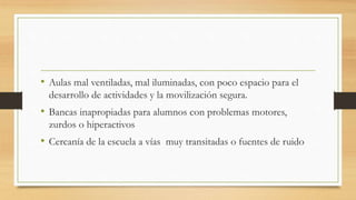 • Aulas mal ventiladas, mal iluminadas, con poco espacio para el
desarrollo de actividades y la movilización segura.
• Bancas inapropiadas para alumnos con problemas motores,
zurdos o hiperactivos
• Cercanía de la escuela a vías muy transitadas o fuentes de ruido
 