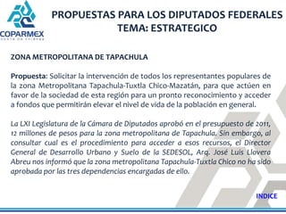 PROPUESTAS PARA LOS DIPUTADOS FEDERALES
                       TEMA: ESTRATEGICO

ZONA METROPOLITANA DE TAPACHULA

Propues...