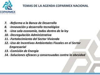 TEMAS DE LA AGENDA COPARMEX NACIONAL




7. -Reforma a la Banca de Desarrollo
8. -Innovación y desarrollo tecnológico
9. -...