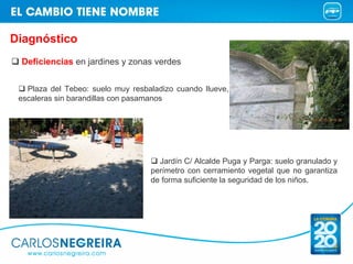 Diagnóstico
 Deficiencias en jardines y zonas verdes


   Plaza del Tebeo: suelo muy resbaladizo cuando llueve,
 escaleras sin barandillas con pasamanos




                                     Jardín C/ Alcalde Puga y Parga: suelo granulado y
                                   perímetro con cerramiento vegetal que no garantiza
                                   de forma suficiente la seguridad de los niños.
 