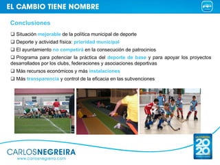 Conclusiones
  Situación mejorable de la política municipal de deporte
  Deporte y actividad física: prioridad municipal
 ...