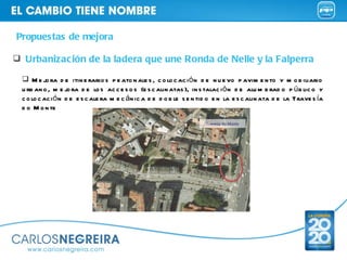 Propuestas de mejora <ul><li>Urbanización de la ladera que une Ronda de Nelle y la Falperra </li></ul><ul><ul><li>Mejora d...