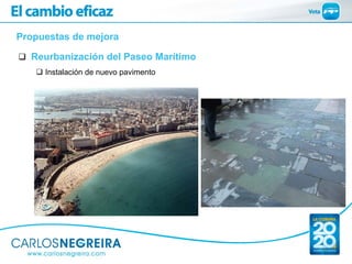 Propuestas de mejora

  Reurbanización del Paseo Marítimo
     Instalación de nuevo pavimento
 