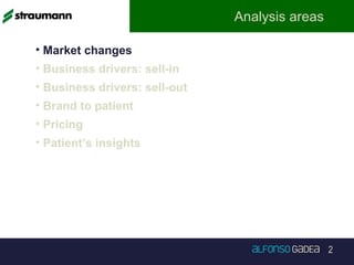 2
Analysis areas
• Market changes
• Business drivers: sell-in
• Business drivers: sell-out
• Brand to patient
• Pricing
• Patient’s insights
 