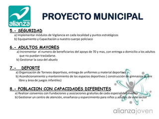 PROYECTO MUNICIPAL
5.- SEGURIDAD
    a) Implementar módulos de Vigilancia en cada localidad y puntos estratégicos
    b) Equipamiento y Capacitación a nuestro cuerpo policiaco

6.- ADULTOS MAYORES
      a) Incrementar el numero de beneficiarios del apoyo de 70 y mas, con entrega a domicilio a los adultos
        que no puedan trasladarse.
      b) Gestionar la casa del abuelo

7.-      DEPORTE
     a) Organización de Torneos deportivos, entrega de uniformes y material deportivo.
     b) Acondicionamiento y mantenimiento de los espacios deportivos ( construcción de gimnasios al aire
j       libre y área de juegos infantiles)

8.- POBLACION CON CAPACIDADES DIFERENTES
    a) Realizar convenios con Fundaciones y asociaciones gratuitas de cada especialidad medica
    b) Gestionar un centro de atención, enseñanza y esparcimiento para niños y adultos de este sector
 