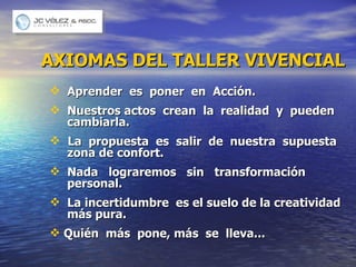 AXIOMAS DEL TALLER VIVENCIAL Aprender  es  poner  en  Acción. Nuestros actos  crean  la  realidad  y  pueden  cambiarla. La  propuesta  es  salir  de  nuestra  supuesta  zona de confort.   Nada  lograremos  sin  transformación  personal.   La incertidumbre  es el suelo de la creatividad  m á s pura.   Qui é n  m á s  pone, más  se  lleva... 