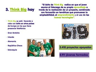 “El éxito de Think Big radica en que el joven
                                      asuma el liderazgo de su propio aprendizaje a
3. Think Big hoy                   través de la realización de un proyecto, combinado
                                      con formación en temáticas que promueven la
                                    empleabilidad, el emprendimiento y el uso de las
                                                    nuevas tecnologías”.
• Think Big se está llevando a
  cabo con éxito en otros países
  de Europa en los que tiene
  presencia Telefónica

-   Gran Bretaña

-   Irlanda

-   Alemania

-   República Checa
                                                       3.418 proyectos apoyados
-   Eslovaquia

                                                       8.911 jóvenes formados
 