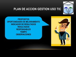 PLAN DE ACCION GESTION USO TIC
PROPOSITOS
OPORTUNIDADES DE MEJORAMIENTO
INDICADOR DE RESULTADOS
RESULTADOS
RESPONSABLES
TIEMPO
OBSERVACIONES
 