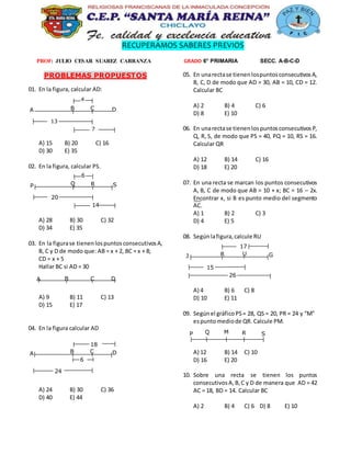 RECUPERAMOS SABERES PREVIOS
PROF: JULIO CESAR SUAREZ CARRANZA GRADO 6° PRIMARIA SECC. A-B-C-D
PROBLEMAS PROPUESTOS
01. En la figura, calcular AD:
A) 15 B) 20 C) 16
D) 30 E) 35
02. En la figura, calcular PS.
A) 28 B) 30 C) 32
D) 34 E) 35
03. En la figurase tienenlospuntosconsecutivosA,
B, C y D de modo que: AB = x + 2, BC = x + 8;
CD = x + 5
Hallar BC si AD = 30
A) 9 B) 11 C) 13
D) 15 E) 17
04. En la figura calcular AD
A) 24 B) 30 C) 36
D) 40 E) 44
05. En unarectase tienenlospuntosconsecutivosA,
B, C, D de modo que AD = 30, AB = 10, CD = 12.
Calcular BC
A) 2 B) 4 C) 6
D) 8 E) 10
06. En unarectase tienenlospuntosconsecutivosP,
Q, R, S, de modo que PS = 40, PQ = 10, RS = 16.
Calcular QR
A) 12 B) 14 C) 16
D) 18 E) 20
07. En una recta se marcan los puntos consecutivos
A, B, C de modo que AB = 10 + x; BC = 16 – 2x.
Encontrar x, si B es punto medio del segmento
AC.
A) 1 B) 2 C) 3
D) 4 E) 5
08. Segúnlafigura,calcule RU
A) 4 B) 6 C) 8
D) 10 E) 11
09. Segúnel gráficoPS= 28, QS = 20, PR = 24 y “M”
espuntomediode QR. Calcule PM.
A) 12 B) 14 C) 10
D) 16 E) 20
10. Sobre una recta se tienen los puntos
consecutivosA,B,C y D de manera que AD = 42
AC = 18, BD = 14. Calcular BC
A) 2 B) 4 C) 6 D) 8 E) 10
A DB C
4
13
7
P SQ R
6
20
14
A DB C
18
24
6
A B C D
J GR U
17
15
26
P MQ R S
 