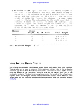 www.Vidyarthiplus.com

•

Molecular weight equals the sum of the atomic weights of
the atoms in the molecule. For NaCl, the atomic weight of
sodium is 23, of chlorine is 35 and a molecule contains one
sodium and one chlorine, so 23 + 35 = 58, the molecular
weight of NaCl. The formula for glucose ( a very common
sugar) is C6H12O6. The subscripts to the right mean that it
contains 6 atoms of carbon, 12 atoms of hydrogen, and
6 atoms of oxygen. The atomic weight for carbon is 12, for
hydrogen is 1, and for oxygen is 16, so the molecular
weight of glucose can be calculated thus:
---------------------------------------------------------Element
Atomic
Weight
No. of Atoms
Total Weight
----------------------------------------------------------C
12
6
6 × 12 = 72
H
1
12
12 × 1 = 12
O
16
6
6 × 16 = 96

--------------------------------------------------------------Total Molecular Weight
= 180

PROPELLANT COMBUSTION CHARTS
How To Use These Charts
For each of the propellant combinations shown above, four graphs have been provided.
These graphs can be used to estimate (1) the optimum mixture ratio of the combustion
reactants, (2) the adiabatic flame temperature of the combustion reaction, (3) the average
molecular weight of the combustion products, and (4) the specific heat ratio of the
combustion products. This data is necessary to determine the velocity of the exhaust gases
expelled from a rocket engine, which in turn determines the engine's thrust. Adiabatic flame
temperature and gas molecular weight have been calculated using the freeware program
STANJAN.

www.Vidyarthiplus.com

 