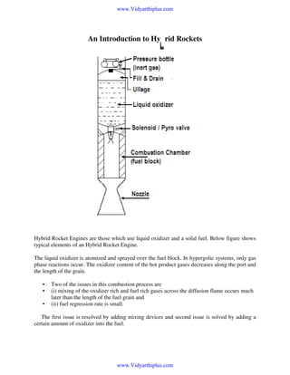 www.Vidyarthiplus.com

An Introduction to Hybrid Rockets

Hybrid Rocket Engines are those which use liquid oxidizer and a solid fuel. Below figure shows
typical elements of an Hybrid Rocket Engine.
The liquid oxidizer is atomized and sprayed over the fuel block. In hypergolic systems, only gas
phase reactions occur. The oxidizer content of the hot product gases decreases along the port and
the length of the grain.
•
•
•

Two of the issues in this combustion process are
(i) mixing of the oxidizer rich and fuel rich gases across the diffusion flame occurs much
later than the length of the fuel grain and
(ii) fuel regression rate is small.

The first issue is resolved by adding mixing devices and second issue is solved by adding a
certain amount of oxidizer into the fuel.

www.Vidyarthiplus.com

 
