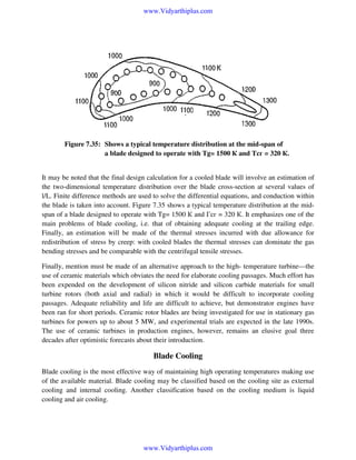 www.Vidyarthiplus.com

Figure 7.35: Shows a typical temperature distribution at the mid-span of
a blade designed to operate with Tg= 1500 К and Tсг = 320 К.

It may be noted that the final design calculation for a cooled blade will involve an estimation of
the two-dimensional temperature distribution over the blade cross-section at several values of
l/L. Finite difference methods are used to solve the differential equations, and conduction within
the blade is taken into account. Figure 7.35 shows a typical temperature distribution at the midspan of a blade designed to operate with Tg= 1500 К and Гсг = 320 К. It emphasizes one of the
main problems of blade cooling, i.e. that of obtaining adequate cooling at the trailing edge.
Finally, an estimation will be made of the thermal stresses incurred with due allowance for
redistribution of stress by creep: with cooled blades the thermal stresses can dominate the gas
bending stresses and be comparable with the centrifugal tensile stresses.
Finally, mention must be made of an alternative approach to the high- temperature turbine—the
use of ceramic materials which obviates the need for elaborate cooling passages. Much effort has
been expended on the development of silicon nitride and silicon carbide materials for small
turbine rotors (both axial and radial) in which it would be difficult to incorporate cooling
passages. Adequate reliability and life are difficult to achieve, but demonstrator engines have
been ran for short periods. Ceramic rotor blades are being investigated for use in stationary gas
turbines for powers up to about 5 MW, and experimental trials are expected in the late 1990s.
The use of ceramic turbines in production engines, however, remains an elusive goal three
decades after optimistic forecasts about their introduction.

Blade Cooling
Blade cooling is the most effective way of maintaining high operating temperatures making use
of the available material. Blade cooling may be classified based on the cooling site as external
cooling and internal cooling. Another classification based on the cooling medium is liquid
cooling and air cooling.

www.Vidyarthiplus.com

 