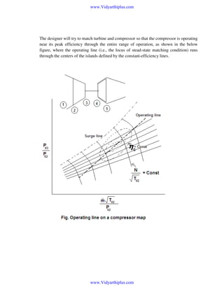 www.Vidyarthiplus.com

The designer will try to match turbine and compressor so that the compressor is operating
near its peak efficiency through the entire range of operation, as shown in the below
figure, where the operating line (i.e., the locus of stead-state matching condition) runs
through the centers of the islands defined by the constant-efficiency lines.

www.Vidyarthiplus.com

 