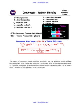 www.Vidyarthiplus.com

The essence of compressor-turbine matching is to find a speed at which the turbine will run
delivering power to the compressor and permit excess power in the form of adequate jet pressure
for expansion through the nozzle or additional turbine stages from which power can be derived
to run a propeller or helicopter rotor as the case may be.

www.Vidyarthiplus.com

 