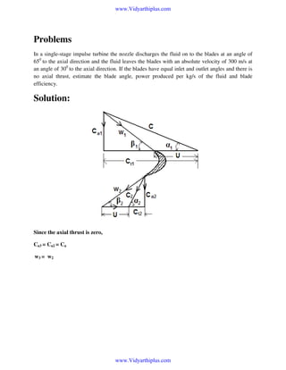 www.Vidyarthiplus.com

Problems
In a single-stage impulse turbine the nozzle discharges the fluid on to the blades at an angle of
650 to the axial direction and the fluid leaves the blades with an absolute velocity of 300 m/s at
an angle of 300 to the axial direction. If the blades have equal inlet and outlet angles and there is
no axial thrust, estimate the blade angle, power produced per kg/s of the fluid and blade
efficiency.

Solution:

Since the axial thrust is zero,
Ca3 = Ca2 = Ca
w3 = w2

www.Vidyarthiplus.com

 