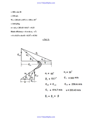 www.Vidyarthiplus.com

= 300 x sin 30
= 150 m/s
WT = 203.43 x (557.1 + 150) x 10-3
= 144 kJ/kg
σ = u/c2 = 203.43 / 614.7 = 0.33
Blade efficiency = 4 (σ sin α2 - σ2)
= 4 x (0.33 x sin 65 – 0.332) = 0.761
= 76.1 %

www.Vidyarthiplus.com

 