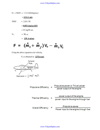 www.Vidyarthiplus.com

Fs = 50/45 = 1.1111kN/(kg/sec)
= 1111.1 m/s
TSFC

= 2.65 / 50
= 0.053 (kg/sec)/kN
= 53 mg/N-sec

V0

= Mo ao
= 239. 6 m/sec

Using the above equation exit velocity,
Ve is obtained as 1275.6 m/s

www.Vidyarthiplus.com

 