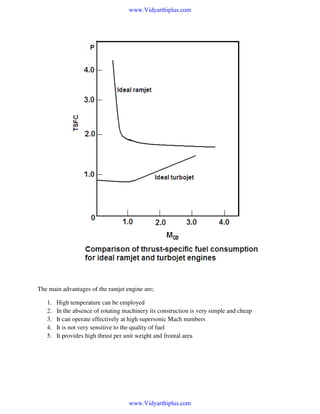 www.Vidyarthiplus.com

The main advantages of the ramjet engine are;
1.
2.
3.
4.
5.

High temperature can be employed
In the absence of rotating machinery its construction is very simple and cheap
It can operate effectively at high supersonic Mach numbers
It is not very sensitive to the quality of fuel
It provides high thrust per unit weight and frontal area

www.Vidyarthiplus.com

 