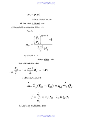www.Vidyarthiplus.com

m a = ρ1uA1
= 0.624 X 471.48 X 0.1963
Air flow rate = 57.752 kg/s Ans.
(d) For negligible velocity at the diffuser exit,
P02 = P2

( γ −1) / γ

 P2 
 
−1
P 
ηD =  1 
γ −1 2
M1
2
ηD = 0.9, M1 = 1.5
P2/P1 = 3.2875

Ans.

P2 = 3.2875 x 0.44 = 1.446

(e)

T01
γ −1 2
= 1+
M 1 = 1.45
T1
2
= 1.45 x 245.9 = 356.55 K

•

•

m a C p (T03 − T02 ) = η B m f Q f
•

f =

mf
•

= C p (T03 − T02 ) / η B Q f

ma
f = 1.005 (1600-356.55)/0.98 x 40000

www.Vidyarthiplus.com

 