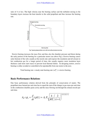 www.Vidyarthiplus.com

ratio of 4 or less. The high velocity near the burning surface and the turbulent mixing in the
boundary layers increase the heat transfer to the solid propellant and thus increase the burning
rate.

Erosive burning increases the mass flow and thus also the chamber pressure and thrust during
the early portion of the burning for a particular motor (see above Fig.). Erosive burning causes
early burnout of the web, usually at the nozzle end, and exposes the insulation and aft closure to
hot combustion gas for a longer period of time; this usually requires more insulation layer
thickness (and more inert mass) to prevent local thermal failure. In designing motors, erosive
burning is either avoided or controlled to be reproducible from one motor to the next.
Total burning rate = steady state burning rate ( aPcn ) + erosive burning

Basic Performance Relations
One basic performance relation derived from the principle of conservation of matter. The
propellant mass burned per unit time has to equal the sum of the change in gas mass per unit time
in the combustion chamber grain cavity and the mass flowing out through the exhaust nozzle per
unit time.

d
k  2 
Ab r ρb = ( ρ1V1 ) + At P


1
dt
RT1  k + 1 

www.Vidyarthiplus.com

( k +1) /( k −1)

 