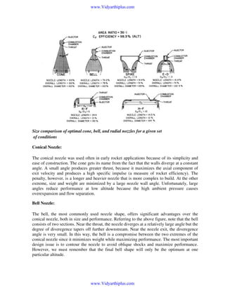 www.Vidyarthiplus.com

Size comparison of optimal cone, bell, and radial nozzles for a given set
of conditions
Conical Nozzle:
The conical nozzle was used often in early rocket applications because of its simplicity and
ease of construction. The cone gets its name from the fact that the walls diverge at a constant
angle. A small angle produces greater thrust, because it maximizes the axial component of
exit velocity and produces a high specific impulse (a measure of rocket efficiency). The
penalty, however, is a longer and heavier nozzle that is more complex to build. At the other
extreme, size and weight are minimized by a large nozzle wall angle. Unfortunately, large
angles reduce performance at low altitude because the high ambient pressure causes
overexpansion and flow separation.

Bell Nozzle:
The bell, the most commonly used nozzle shape, offers significant advantages over the
conical nozzle, both in size and performance. Referring to the above figure, note that the bell
consists of two sections. Near the throat, the nozzle diverges at a relatively large angle but the
degree of diveregence tapers off further downstream. Near the nozzle exit, the diveregence
angle is very small. In this way, the bell is a compromise between the two extremes of the
conical nozzle since it minimizes weight while maximizing performance. The most important
design issue is to contour the nozzle to avoid oblique shocks and maximize performance.
However, we must remember that the final bell shape will only be the optimum at one
particular altitude.

www.Vidyarthiplus.com

 