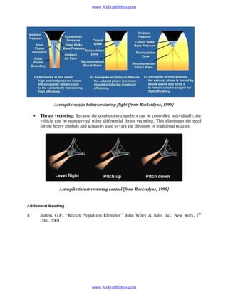 www.Vidyarthiplus.com

Aerospike nozzle behavior during flight [from Rocketdyne, 1999]
•

Thrust vectoring: Because the combustion chambers can be controlled individually, the
vehicle can be maneuvered using differential thrust vectoring. This eliminates the need
for the heavy gimbals and actuators used to vary the direction of traditional nozzles.

Aerospike thrust vectoring control [from Rocketdyne, 1999]

Additional Reading
1.

Sutton, G.P., “Rocket Propulsion Elements”, John Wiley & Sons Inc., New York, 7th
Edn., 2001.

www.Vidyarthiplus.com

 