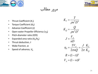 ‫هطالة‬ ‫هزٍر‬
• Thrust Coefficient (KT)
• Torque Coefficient (KQ)
• Advance Coefficient (J)
• Open-water Propeller Efficiency (h0)
• Pitch-diameter ratio (P/D)
• Expanded area ratio (AE/A0)
• Thrust deduction, t
• Wake fraction, w
• Speed of advance, VA
VwV
TtR
K
KJ
nQ
TV
nD
V
J
Dn
Q
K
Dn
T
K
A
Q
TA
A
Q
T
)1(
)1(
22
0
52
42







h


26
 