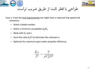 ‫تزاست‬ ‫ضزیة‬ ‫طزیق‬ ‫اس‬ ‫ثاتت‬ ‫قطز‬ ‫تا‬ ‫طزاحی‬
Case 1: From the hull requirements we might have a required ship speed and
resistance:
– Select a blade number.
– Select a minimum acceptable AE/A0.
– Work with KT and J.
– Form the ratio KT/J2 to eliminate the unknown n.
– Optimize for maximum open water propeller efficiency.
35
 