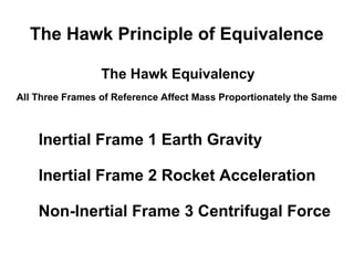 The Hawk Principle of Equivalence
All Three Frames of Reference Affect Mass Proportionately the Same
Inertial Frame 1 Earth Gravity
Inertial Frame 2 Rocket Acceleration
Non-Inertial Frame 3 Centrifugal Force
The Hawk Equivalency
 