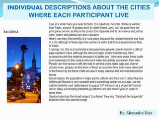 INDIVIDUAL DESCRIPTIONS ABOUT THE CITIES
WHERE EACH PARTICIPANT LIVE
Sandoná
By: Alexandra Díaz
 