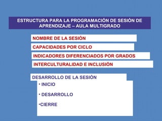 ESTRUCTURA PARA LA PROGRAMACIÓN DE SESIÓN DE
       APRENDIZAJE – AULA MULTIGRADO

     NOMBRE DE LA SESIÓN
     CAPACIDADES POR CICLO
     INDICADORES DIFERENCIADOS POR GRADOS
     INTERCULTURALIDAD E INCLUSIÓN

     DESARROLLO DE LA SESIÓN
       • INICIO

       • DESARROLLO

       •CIERRE
 