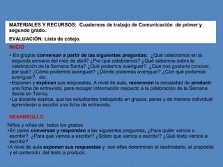 MATERIALES Y RECURSOS: Cuadernos de trabajo de Comunicación de primer y
segundo grado.
EVALUACIÓN: Lista de cotejo.
INICIO
• En grupos conversan a partir de las siguientes preguntas: ¿Qué celebramos en la
 segunda semana del mes de abril? ¿Por qué celebramos? ¿Qué sabemos sobre la
 celebración de la Semana Santa? ¿Qué podemos averiguar? ¿Qué nos gustaría conocer,
 por qué? ¿Cómo podemos averiguar? ¿Dónde podemos averiguar? ¿Con qué podemos
 averiguar?, etc.
•Exponen y explican sus respuestas. A nivel de aula, reconocen la necesidad de producir
 una ficha de entrevista, para recoger información respecto a la celebración de la Semana
 Santa en Tarma.
•La docente explica, que los estudiantes trabajando en grupos, pares y de manera individual
 aprenderán a escribir una ficha de entrevista.

DESARROLLO
Niños y niñas de todos los grados
•En pares conversan y responden a las siguientes preguntas, ¿Para quién vamos a
 escribir?, ¿Para qué vamos a escribir? ¿Sobre que vamos a escribir? ¿Qué texto vamos a
 escribir?
•A nivel de aula exponen sus respuestas y con ellas determinan el destinatario, el propósito
 y el contenido del texto a producir.
 